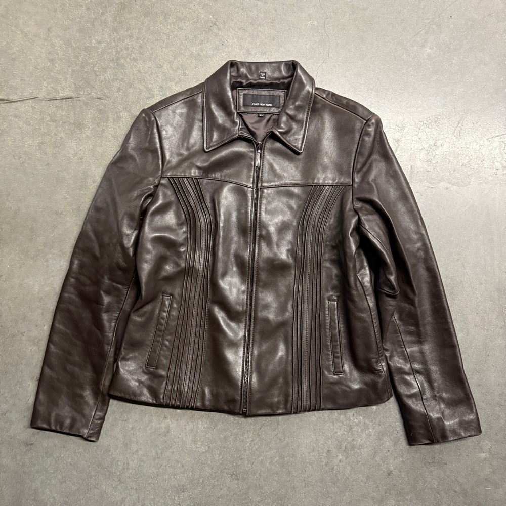 Jones New York Womens XL Brown Leather Jacket Pintuck Pleated Zip Up 1330341